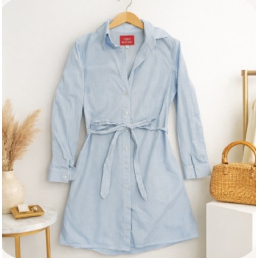 Minnie Mortimer Blue Belted Shirt Dress Collared Button Front Preppy Cotton S